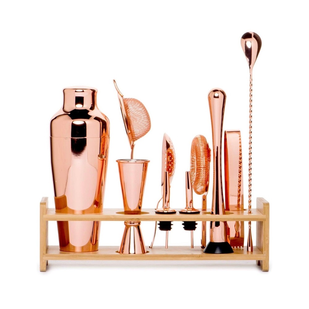 Jillmo 11-Piece Copper Bar Set with Bamboo Stand Cocktail Shaker Kit Rose Gold